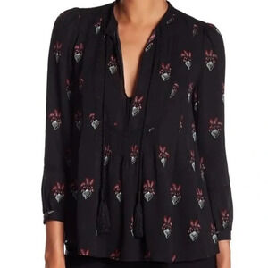 A.L.C Hari Black Floral Printed Silk Chiffon Bracelet Sleeve Blouse Size 0